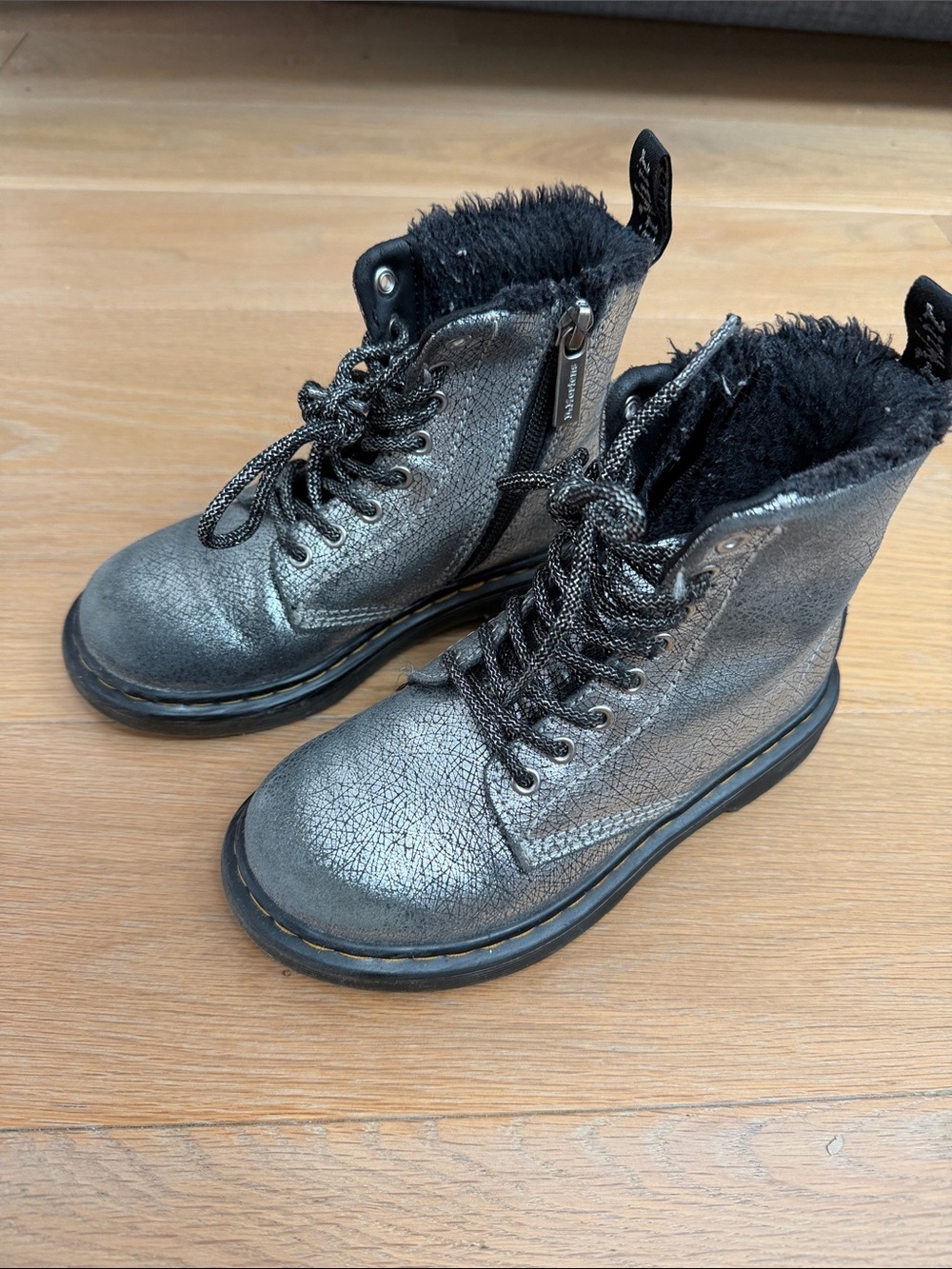 Dr. Martens Metallic Silver-Black Kids Lace-Up Boots with Faux Fur